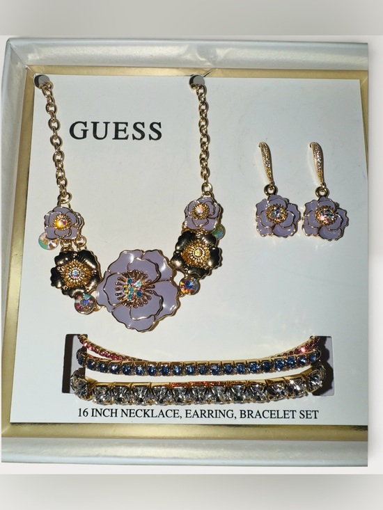 Guess Jewelry - Guess Gold-Tone Lavender Flower Necklace, Earrings & Bracelet Set